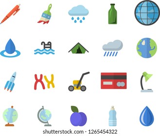 Color flat icon set plum flat vector, paint brush, lawn mower, rain, earth, drop, glass bottles, credit card, chromosomes, reading lamp, pen, rocket, globe, water, pool, tent fector