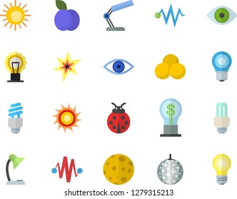 Color flat icon set plum flat vector, ladybird, lamp, idea, eye, reading, moon, energy saving fector, spark, electric discharge, pills, sun, disco ball