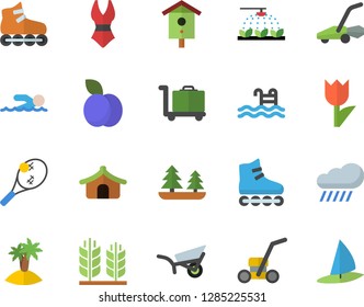 Color flat icon set plum flat vector, nesting box, sprinkling machine, garden wheelbarrow, tulip, lawn mower, rain, forest, ear, swimsuit, roller Skates, swimming, pool, tent fector, island, tennis