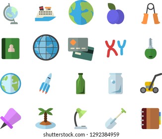 Color flat icon set plum flat vector, shovel, lawn mower, earth, glass bottles, credit card, chromosomes, reading lamp, rocket, globe, carpal expander, island fector, cruise ship, drawing pin, key