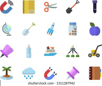 Color flat icon set plum flat vector, shovel, lawn mower, rain, magnet, notebook, drawing pin, tie, hierarchy, rocket, globe, vitamins, water, island fector, cruise ship, scissors