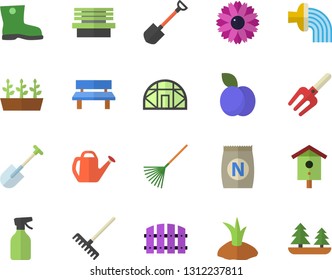 Color flat icon set plum flat vector, fertilizer vectory, nesting box, flower, pulverizer, pitchfork, shovel, fence, rake, watering can, planting plants, hose irrigation, gumboots, seedlings, bench