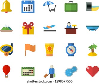 Color flat icon set pond flat vector, flag, present, calendar, balloon fector, luggage, suitcase, hotel first line, departure, sea beach, chaise lounge, sun protection cream, island, swimming mask