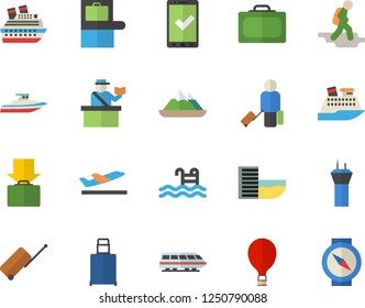 Color flat icon set pool flat vector, train fector, airport tower, hike, balloon, luggage, suitcase, baggage claim, passport control, check in, hotel first line, departure, get, cruise ship, yacht