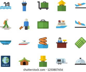 Color flat icon set pool flat vector, trailer fector, airport tower, hike, luggage, suitcase, passport, tent, arrival, departure, get, hand, sea beach, aquapark, trolley, reception desk, cruise ship