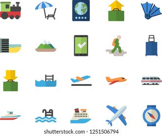 Color flat icon set pool flat vector, aircraft fector, train, hike, passport, check in, hotel first line, departure, get luggage, hand, chaise lounge, flippers, cruise ship, yacht, mountains