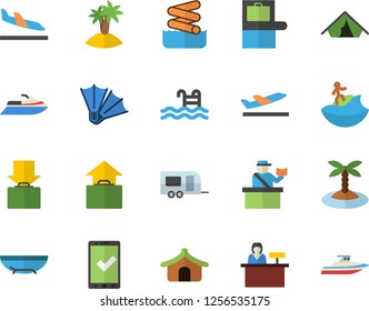 Color flat icon set pool flat vector, trailer fector, baggage claim, passport control, check in, tent, arrival, departure, get luggage, hand, sea beach, island, surfing, flippers, aquapark, yacht