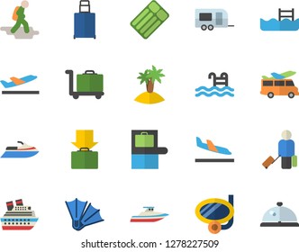 Color flat icon set pool flat vector, trailer fector, hike, luggage, baggage claim, arrival, departure, get, island, swimming mask, flippers, trolley, transfer, water scooter, cruise ship, yacht