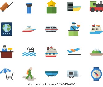 Color flat icon set pool flat vector, train fector, trailer, airport tower, hike, luggage, passport control, hotel first line, departure, hand, sea beach, chaise lounge, reception desk, cruise ship