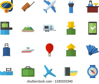 Color flat icon set pool flat vector, aircraft fector, trailer, airport tower, balloon, luggage, suitcase, baggage claim, check in, hotel first line, get, hand, swimming mask, flippers, yacht