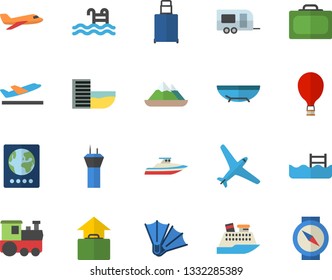 Color flat icon set pool flat vector, aircraft fector, train, trailer, airport tower, balloon, suitcase, passport, hotel first line, departure, hand luggage, sea beach, flippers, cruise ship, yacht
