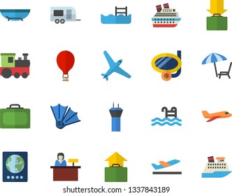 Color flat icon set pool flat vector, aircraft fector, train, trailer, airport tower, balloon, suitcase, passport, departure, get luggage, hand, sea beach, chaise lounge, swimming mask, flippers