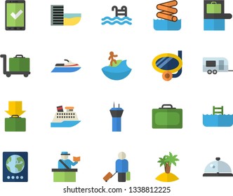 Color flat icon set pool flat vector, trailer fector, airport tower, luggage, suitcase, baggage claim, passport control, check in, hotel first line, get, island, surfing, swimming mask, aquapark