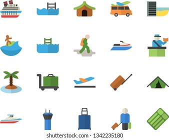 Color flat icon set pool flat vector, airport tower fector, hike, luggage, passport control, tent, hotel first line, departure, island, surfing, trolley, transfer, water scooter, cruise ship, yacht