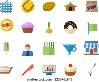 Color Flat Icon Set Potato Flat Vector, Onion, Cupcake, Piece Of Cake, Donut, Ice Cream, Seeds, Fabric Manufacture, Store Front, Funnel, Person, Flag, Sell Out, Computer Chart, Pen, Tennis Ball