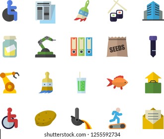 Color flat icon set potato flat vector, fish, rolls, soda, seeds, paint brush, robotics, metallurgy, news, disabled, medical analysis, office building, tie, folders for papers, Treadmill, message