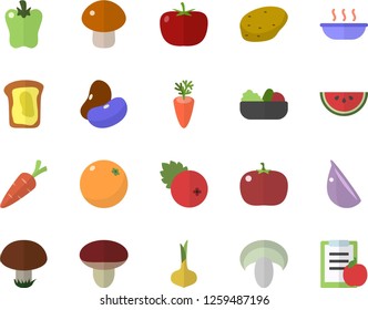 Color flat icon set potato flat vector, tomato, legumes, onion, watermelon, mushroom, salad, soup, carrot, garlic, bell pepper, cranberry, sandwich, orange, diet