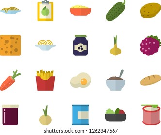 Color flat icon set potato flat vector, onion, cheese, bread, spaghetti, salad, porridge, cucumber, French fries, scrambled eggs, jam, blackberry, carrot, diet, proteins, steroids