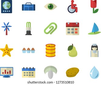 Color flat icon set potato flat vector, egg, mushroom, pear, windmill, tulip, oil tanks, energy saving lamp, disabled, nurse, computer chart, sport bag, passport fector, starfish, windsurfing, clip