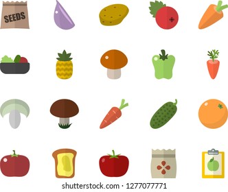 Color flat icon set potato flat vector, tomato, carrot, mushroom, salad, garlic, bell pepper, cucumber, cranberry, pineapple, sandwich, orange, seeds, diet