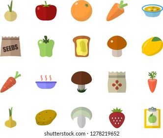 Color flat icon set potato flat vector, tomato, lemon, onion, carrot, mushroom, soup, bell pepper, Strawberry, sandwich, orange, seeds, diet