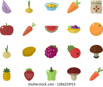 Color flat icon set potato flat vector, onion, carrot, watermelon, salad, soup, garlic, bell pepper, tomato, cranberry, Strawberry, blackberry, pineapple, orange, mushroom, seeds