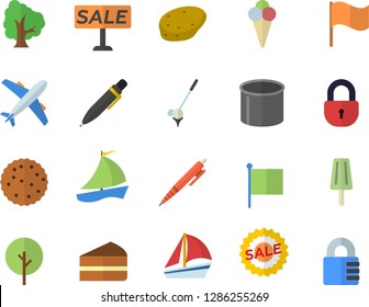 Color flat icon set potato flat vector, piece of cake, ice cream, biscuit, tree, pipe production, flag, sell out, sailboat, pen, aircraft fector, golf, lock