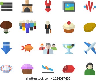 Color flat icon set potato flat vector, fish, sausage, cupcake, dish, mushroom, fireplace, team, businessman, electric discharge fector, swimsuit, aircraft, arrival, cocktail, gallery, menu, user