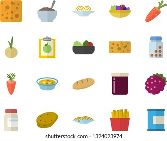 Color flat icon set potato flat vector, cheese, bread, spaghetti, salad, soup, porridge, carrot, onion, French fries, jam, blackberry, diet, vitamins, proteins