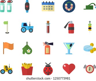 Color flat icon set potholder flat vector, French fries, cocktail, canape, ladybird, tractor, hose, flag, pills, blood test, ampoule, sports, fitness bracelet, hawaiian wreath fector, calendar