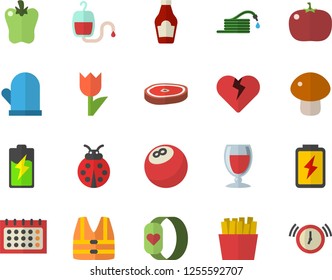 Color flat icon set potholder flat vector, ketchup, mushroom, chop, bell pepper, tomato, French fries, wine, ladybird, hose, tulip, battery, calendar, blood transfusion, bowling ball, heart
