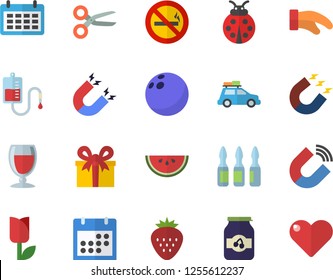 Color Flat Icon Set Potholder Flat Vector, Watermelon, Wine, Jam, Strawberry, Ladybird, Tulip, Magnet, Calendar, Present, Blood Transfusion, Ampoule, Bowling Ball, Car Fector, No Smoking, Scissors