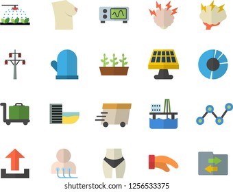 Color flat icon set potholder flat vector, sprinkling machine, seedlings, oil production platform, solar battery, power line support, scatter chart, express delivery, diagnostics, breast, brainstorm