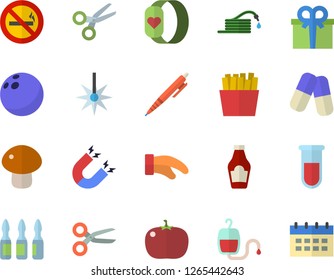Color flat icon set potholder flat vector, ketchup, mushroom, tomato, French fries, hose, laser, present, pills, blood transfusion, test, ampoule, pen, magnet, bowling ball, fitness bracelet