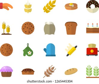 Color flat icon set potholder flat vector, rolling pin, toaster, flour, ear, biscuit, pancakes, bread, cupcake, cake, donut, pie