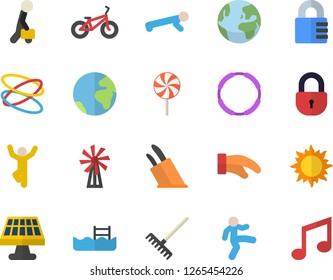Color flat icon set potholder flat vector, knives, lollipop, windmill, rake, sun, solar battery, businessman, bicycle, gymnastics, push up, pool, hoop, earth fector, lock, note