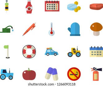Color flat icon set potholder flat vector, temperature, chop, mushroom, tomato, canape, ketchup, tractor, hose, calendar, pills, pen, sports flag, car fector, no smoking, lifebuoy, fire extinguisher