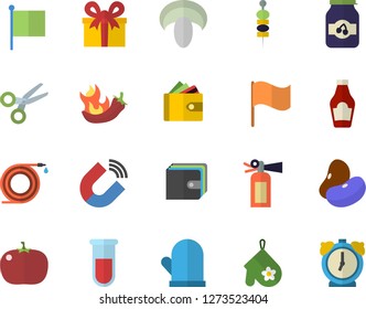 Color flat icon set potholder flat vector, ketchup, legumes, mushroom, hot peppers, tomato, jam, canape, hose, magnet, purse, flag, present, blood test, scissors, fire extinguisher, alarm clock