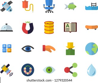 Color flat icon set potholder flat vector, fish, oil tanks, molecules, calculator, medical warmer, eye, office chair, satellit, magnet, skateboard, pool, earth fector, get luggage, hawaiian wreath