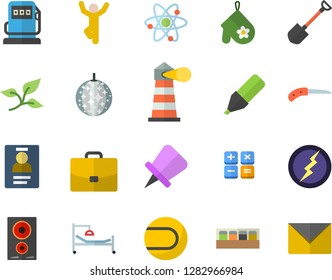 Color flat icon set potholder flat vector, induction cooker, spice, shovel, knife, refueling, tree leaf, lighthouse, case, marker, calculator, hospital bed, badge, atom, lightning, tennis ball