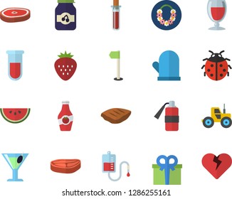 Color flat icon set potholder flat vector, chop, watermelon, wine, cocktail, jam, Strawberry, ketchup, ladybird, tractor, present, blood transfusion, test, sports flag, hawaiian wreath, heart