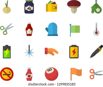Color flat icon set potholder flat vector, temperature, ketchup, onion, jam, mushroom, battery, laser, purse, flag, pen, bowling ball, no smoking fector, scissors