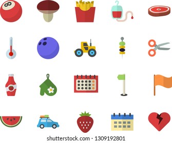 Color flat icon set potholder flat vector, temperature, watermelon, chop, French fries, Strawberry, canape, ketchup, mushroom, tractor, flag, calendar, blood transfusion, bowling ball, sports, heart
