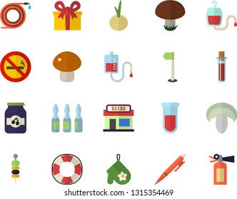 Color Flat Icon Set Potholder Flat Vector, Mushroom, Onion, Jam, Canape, Grain Warehouse, Hose, Present, Blood Transfusion, Test, Ampoule, Pen, Sports Flag, No Smoking Fector, Lifebuoy