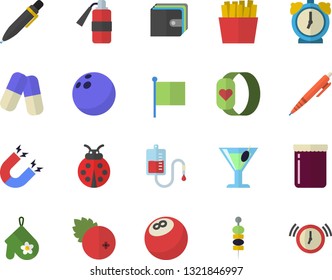 Color flat icon set potholder flat vector, French fries, cocktail, jam, cranberry, canape, ladybird, purse, flag, pills, blood transfusion, pen, magnet, bowling ball, fitness bracelet, alarm clock
