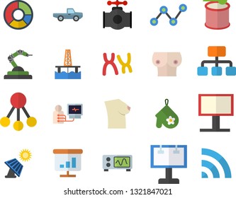 Color flat icon set potholder flat vector, pickup truck, oil production platform, solar battery, main pipeline, robotics, billboard, hierarchy, scatter chart, diagnostics, breast, chromosomes
