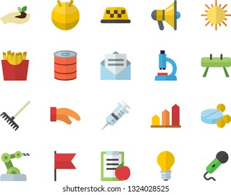 Color flat icon set potholder flat vector, canned food, French fries, seedlings, rake, sun, lamp, pills, syringe, microscope, industrial robot, diet, achievement chart, sports equipment horse