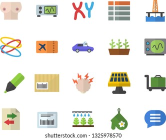 Color flat icon set potholder flat vector, sprinkling machine, seedlings, oil production platform, solar battery, autopilot, marker, barcode, breast, chromosomes, oscilloscope, brainstorm, hoop
