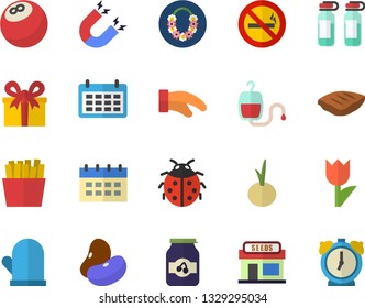 Color Flat Icon Set Potholder Flat Vector, Legumes, Chop, Onion, French Fries, Jam, Ladybird, Grain Warehouse, Tulip, Calendar, Present, Blood Transfusion, Ampoule, Magnet, Bowling Ball, No Smoking