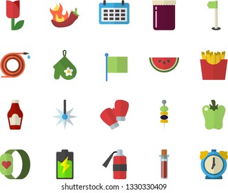Color flat icon set potholder flat vector, ketchup, watermelon, bell pepper, hot peppers, French fries, jam, canape, hose, tulip, battery, laser, flag, calendar, blood test, sports, boxing gloves